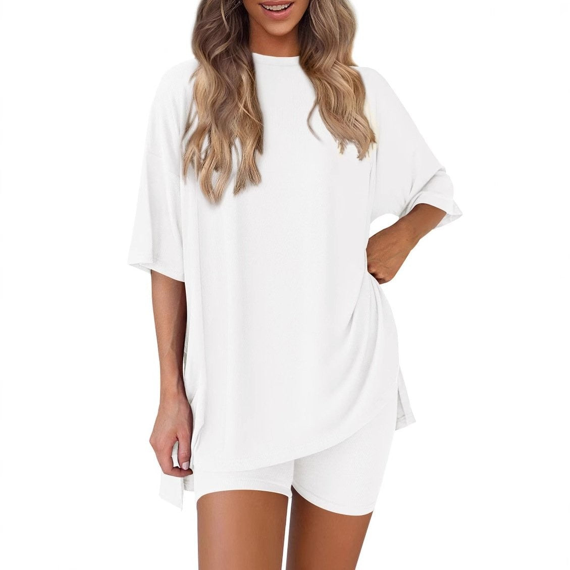 White oversized knit t-shirt and shorts co-ord