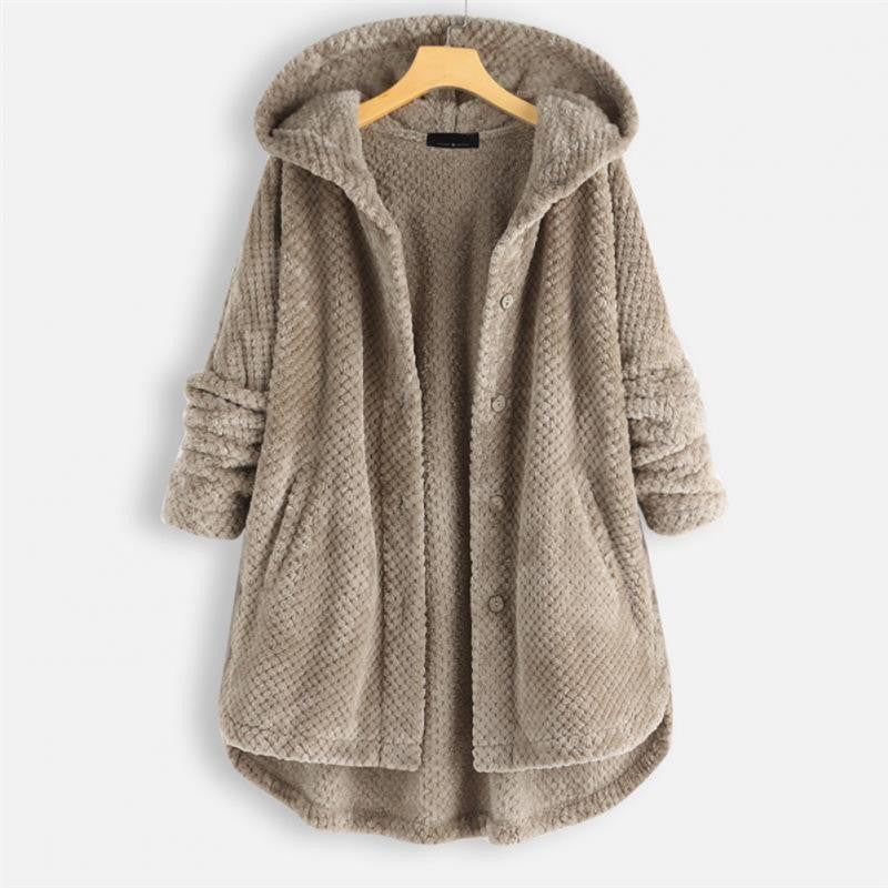 Beige plush fleece hooded coat
