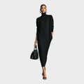 Black relaxed roll neck knit maxi dress