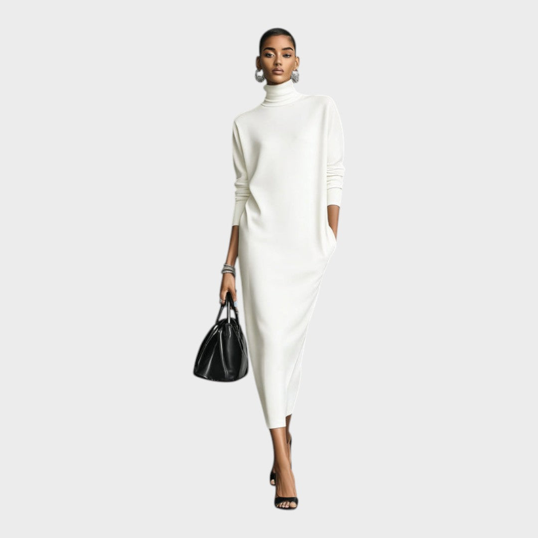 White relaxed roll neck knit maxi dress