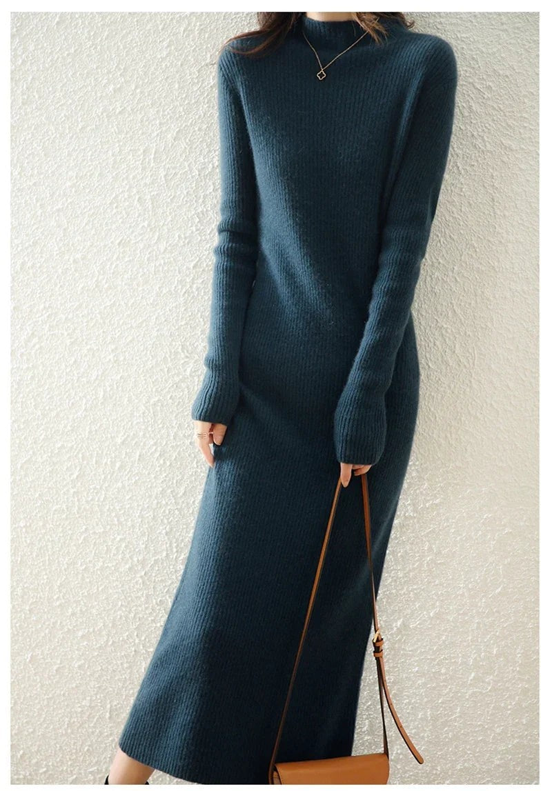 Ribbed mock neck wool midi dress