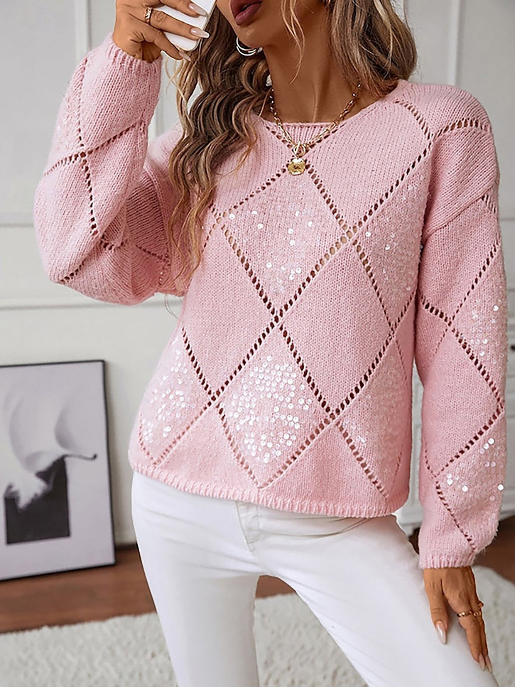 Sequin diamond-knit jumper