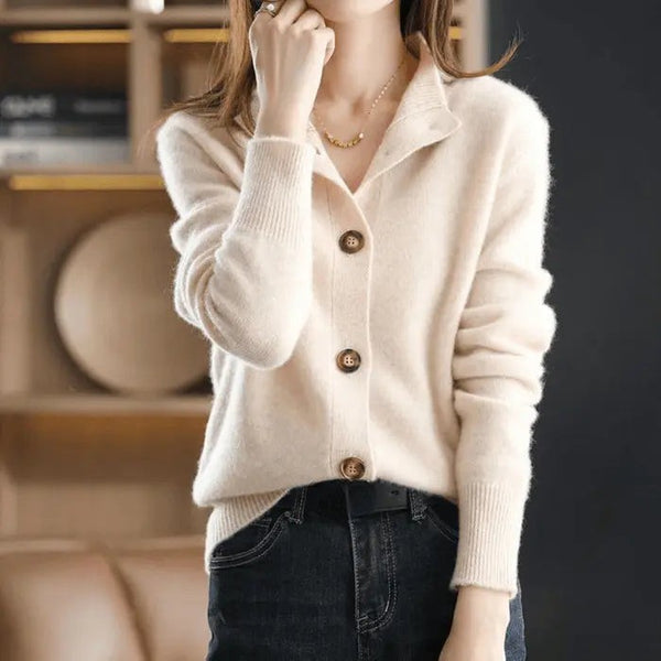 Beige stand-collar button-front cardigan