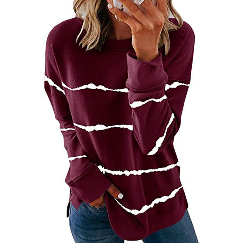 Wine Red striped crew neck sweatshirt