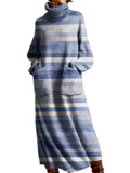 Multicolor striped roll neck knit maxi dress