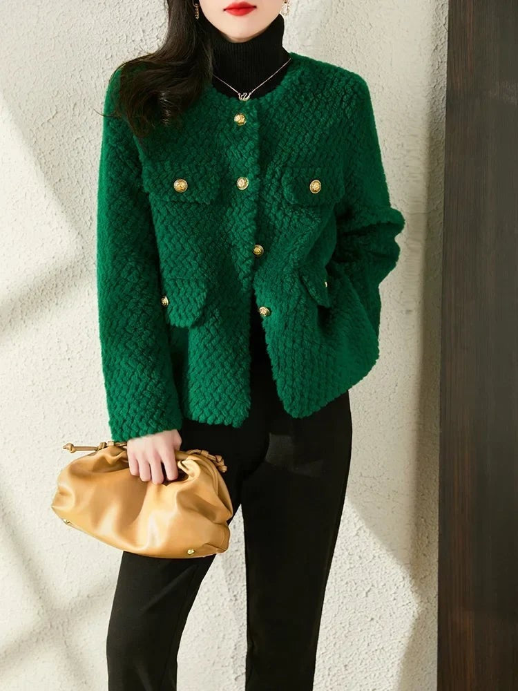 Textured tweed gold-button jacket