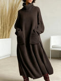 Coffee wool high neck knit maxi dress