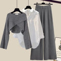 Gray wool knit jumper, shirt and wide leg trouser set