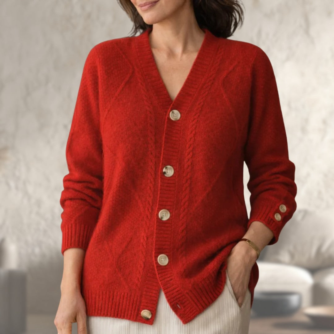 Red wool knit v-neck button cardigan