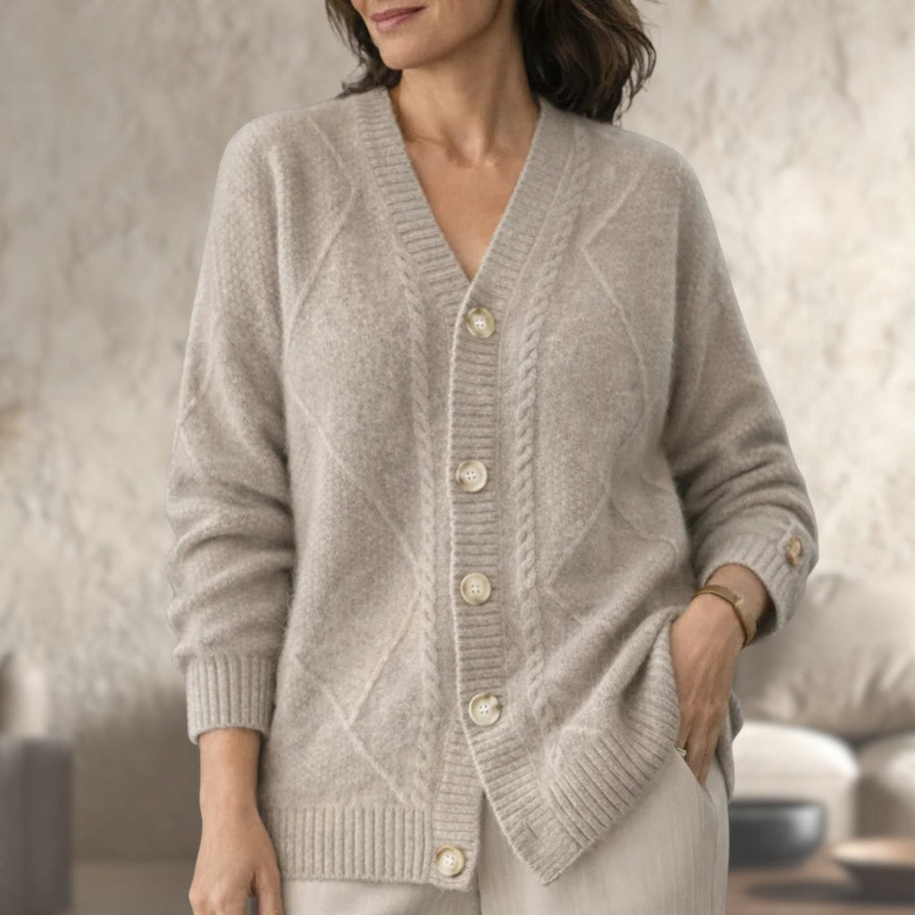 Khaki wool knit v-neck button cardigan